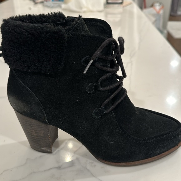 Uggs black suede high heel lace-up booties. Size 11. Pre-worn, well-loved. - Picture 6 of 14